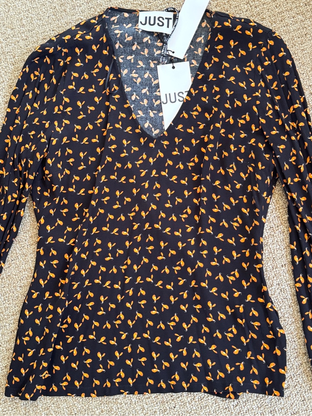 JUST Black V-Neck Venada Boho Blouse Top with Orange Print